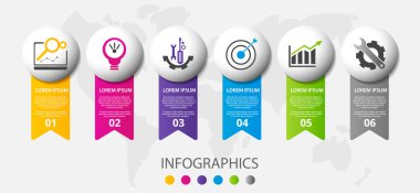 Altı etiket, diyagram, grafik, sunu ve çevreler için vektör infografik 3d şablonu. 6 seçenekli iş konsepti. İçerik, akış şeması, adımlar, parçalar, zaman çizelgesi, iş akışı, grafik için. Eps10