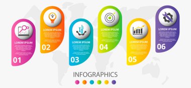 Altı etiket, diyagram, grafik, sunu ve çevreler için vektör infografik 3d şablonu. 6 seçenekli iş konsepti. İçerik, akış şeması, adımlar, parçalar, zaman çizelgesi, iş akışı, grafik için. Eps10