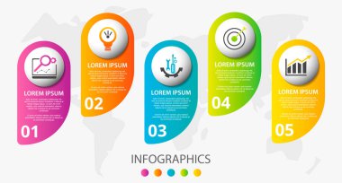 Beş etiket, diyagram, grafik, sunu ve daireler için vektör infografik 3d şablonu. 5 seçenekli iş konsepti. İçerik, akış şeması, adımlar, parçalar, zaman çizelgesi, iş akışı, grafik için. Eps10