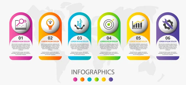 Altı etiket, diyagram, grafik, sunu ve çevreler için vektör infografik 3d şablonu. 6 seçenekli iş konsepti. İçerik, akış şeması, adımlar, parçalar, zaman çizelgesi, iş akışı, grafik için. Eps10 — Stok Vektör