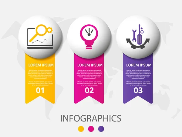 Infográfico vetorial modelo 3D para três rótulos, diagrama, gráfico, apresentação e círculos. Conceito de negócio com 3 opções. Para conteúdo, fluxograma, etapas, partes, cronograma, fluxo de trabalho, gráfico. EPS10 — Vetor de Stock