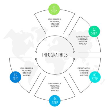 Beş etiket, diyagram, grafik, sunu için vektör infografik düz çizgi şablonu. 5 seçenekli iş çemberi konsepti. İçerik, akış şeması, adımlar, parçalar, zaman çizelgesi, iş akışı, grafik için. Eps10