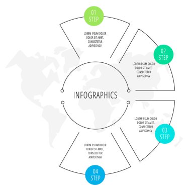 Dört etiket, diyagram, grafik, sunu için vektör infografik düz çizgi şablonu. 4 seçenekli iş çemberi konsepti. İçerik, akış şeması, adımlar, parçalar, zaman çizelgesi, iş akışı, grafik için. Eps10