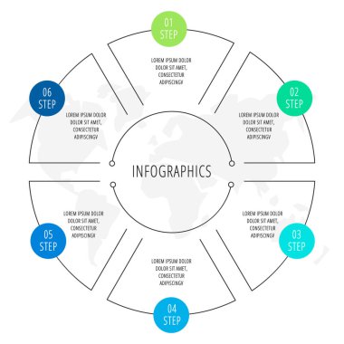 Altı etiket, diyagram, grafik, sunu için vektör infografik düz çizgi şablonu. 6 seçenekli iş çemberi konsepti. İçerik, akış şeması, adımlar, parçalar, zaman çizelgesi, iş akışı, grafik için. Eps10