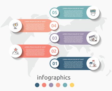 Beş etiket, diyagram, grafik, sunu için vektör infografik düz şablon çevreleri. 5 seçenekli iş konsepti. İçerik, akış şeması, adımlar, zaman çizelgesi, iş akışı, pazarlama için. Eps10