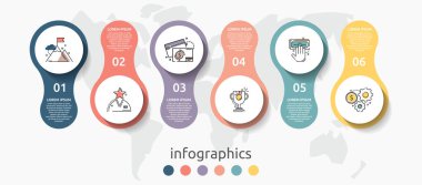 Altı etiket, diyagram, grafik, sunu için vektör infografik düz şablon çevreleri. 6 seçenekli iş konsepti. İçerik, akış şeması, adımlar, zaman çizelgesi, iş akışı, pazarlama için. Eps10