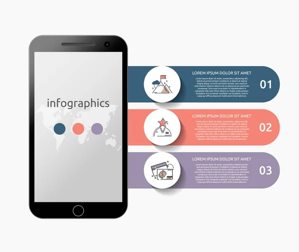 Concepto vectorial infografía dispositivo smartphone. Líneas de plantilla plana móvil. Concepto de negocio con 3 opciones para presentación, diagrama de flujo, pasos, línea de tiempo, flujo de trabajo, marketing, gráfico, diagrama — Vector de stock