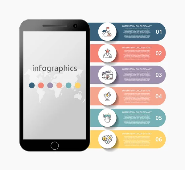 Concepto vectorial infografía dispositivo smartphone. Líneas de plantilla plana móvil. Concepto de negocio con 6 opciones para presentación, diagrama de flujo, pasos, línea de tiempo, flujo de trabajo, marketing, gráfico, diagrama — Vector de stock