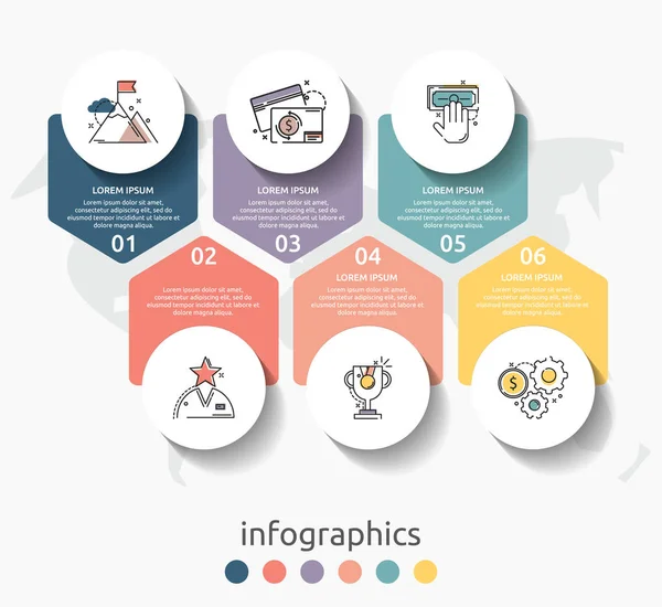 Векторные инфографические плоские шаблонные круги для шести меток, диаграмм, графиков, презентаций. Бизнес-концепция с 6 вариантами и стрелками. Для контента, flowchart, steps, timeline, workflow, маркетинг. S10 — стоковый вектор