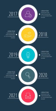 Vektör İnfografik düz şablon daireler beş etiket, diyagram, grafik, sunum için. 5 seçenek ve oklar ile iş kavramı. İçerik, akış çizelgesi, adımlar, zaman çizelgesi, iş akışı, pazarlama için. Eps10