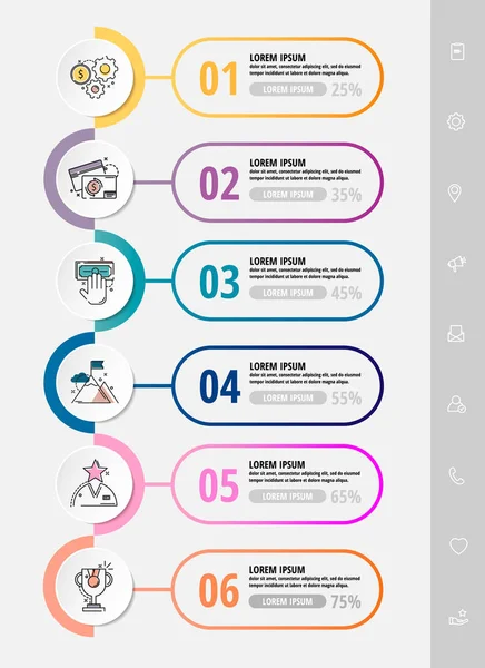 Vektor infographic lapos sablon körök hat címke, diagram, grafikon, prezentáció. Üzleti koncepció, 6 opció. Tartalom, folyamatábra, lépésköz, ütemterv, munkafolyamat, marketing — Stock Vector