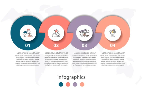 Современная плоская векторная иллюстрация. Круговой инфографический шаблон с четырьмя элементами. Иконки и текст. Предназначен для бизнеса, презентаций, веб-дизайна, приложений, интерфейсов, фаблетов с 4 шагами — стоковый вектор