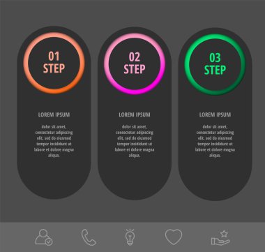 Üç kağıt etiketi, diyagram, grafik, sunu için vektör infografik siyah şablon çevreleri. 3 seçenekli iş konsepti. İçerik için boş alan, adım adım, zaman çizelgesi, iş akışı, pazarlama