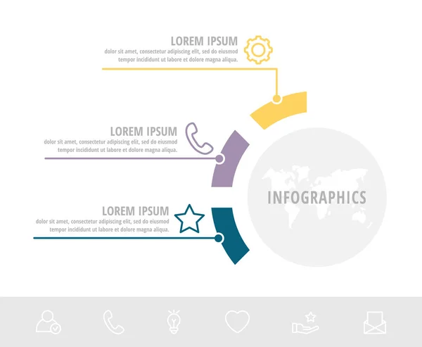 Infográfico vetorial único círculos modelo plana com três setores, rótulos. Conceito de negócio com 3 opções. Para brochura, passo a passo, cronograma, fluxo de trabalho, marketing, diagrama, gráfico, apresentação — Vetor de Stock