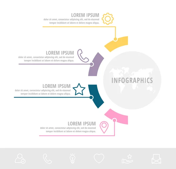 Einzigartige Vektorinfografik flache Vorlagenkreise mit vier Sektoren, Beschriftungen. Geschäftskonzept mit 4 Optionen. für Broschüre, Schritt für Schritt, Timeline, Workflow, Marketing, Diagramm, Grafik, Präsentation — Stockvektor