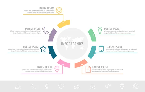 Yedi sektör, etiketler ile benzersiz vektör infografik düz şablon çevreleri. 7 seçenekli iş konsepti. Broşür için adım, zaman çizelgesi, iş akışı, pazarlama, diyagram, grafik, sunum için adım