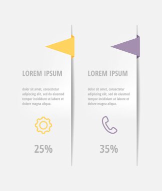 İki kağıt etiketi, diyagram, grafik, sunu için vektör infografik düz şablon. 2 seçenekli iş konsepti. İçerik için boş alan, adım adım, zaman çizelgesi, iş akışı, pazarlama