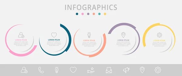 Vector Cercuri Șablon Plat Infografic Pentru Cinci Etichete Hârtie Diagramă — Vector de stoc