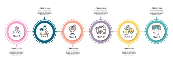 Cercuri de șablon plat infografic vectorial pentru șase etichete, diagramă, grafic, prezentare. Conceptul de afaceri cu 6 opțiuni și săgeți. Pentru conținut, diagramă, pași, cronologie, flux de lucru, marketing. EPS10 — Vector de stoc