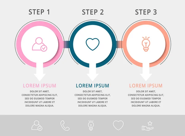 Vetor moderno infográfico círculos modelo plana para três rótulo, diagrama, gráfico, apresentação. Conceito de negócio com 3 opções e setas. Para conteúdo, fluxograma, cronograma, fluxo de trabalho, marketing, passo — Vetor de Stock