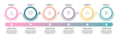Altı etiket, diyagram, grafik, sunu için modern vektör bilgi grafiği düz şablon çevreleri. 6 seçenek ve okile iş konsepti. İçerik, akış şeması, zaman çizelgesi, iş akışı, pazarlama, adım için