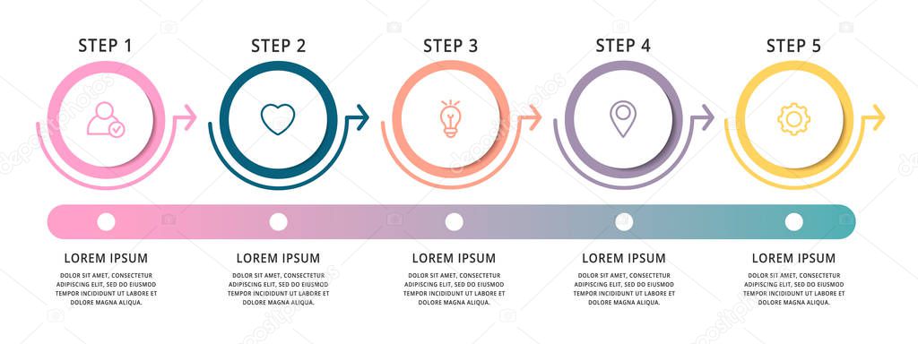 Modern vector infographic flat template circles for five label, diagram, graph, presentation. Business concept with 5 options and arrows. For content, flowchart, timeline, workflow, marketing, step