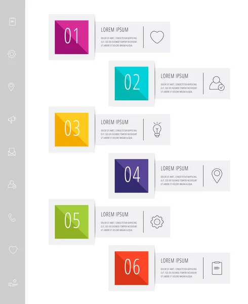 Moderní infografický plochý popisek pro šest diagramů, grafů, prezentací. Obchodní koncept s 6 možnostmi, obdélníky. Prázdný prostor pro obsah, krok pro krok, časová osa, pracovní postup, nápis — Stockový vektor