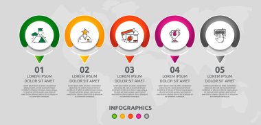 Beş ok, diyagram, grafik, sunu için vektör infografik şablon çevreleri. 5 seçenekli iş konsepti. İçerik için boş alan, adım adım, zaman çizelgesi, iş akışı, pazarlama, web