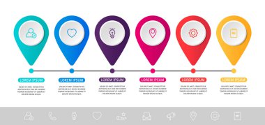 Altı kağıt etiketi, diyagram, grafik, sunum için vektör modern infografik düz şablon pin. 6 seçenek ve işaretleri ile Iş kavramı. İçerik için boş alan, adım adım, zaman çizelgesi, iş akışı