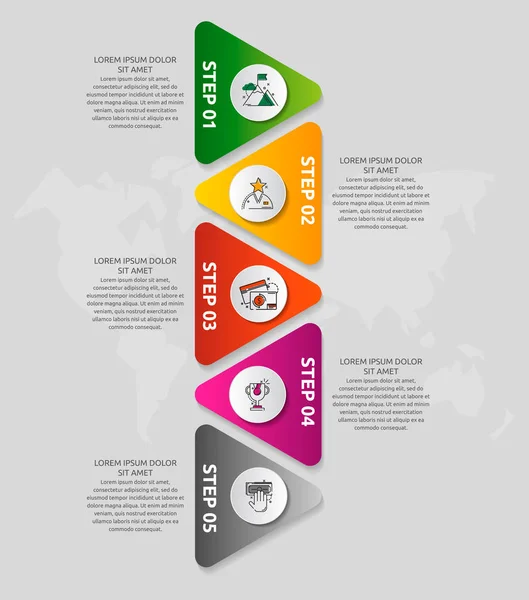 Šablona vektorové infgrafní šablony s trojúhelníky a pěti kruhy Obchodní geometrický koncept s 5 možnostmi, částmi, schůdky. Používá se jako časová osa, pracovní postup, prezentace, diagram, letáky, proužek, graf — Stockový vektor