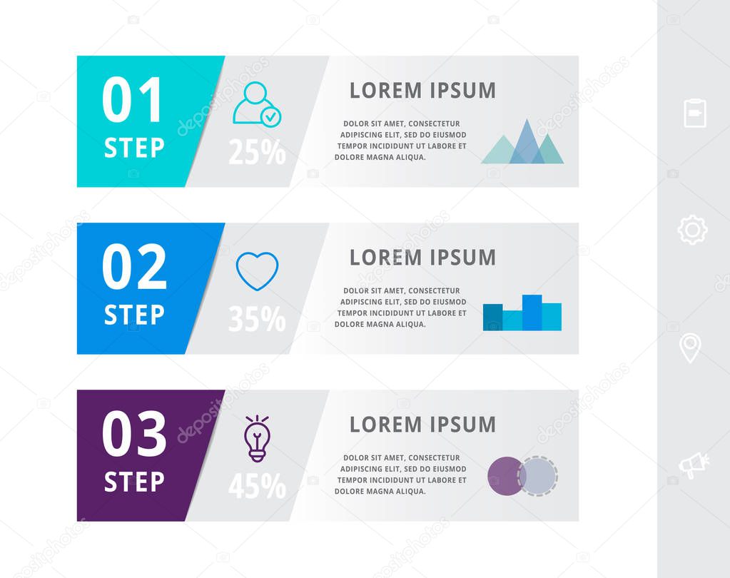 Vector modern infographic flat template label for three diagrams, graph, presentation. Business concept with 3 options, rectangles. Blank space for content, step for step, timeline, workflow, banner
