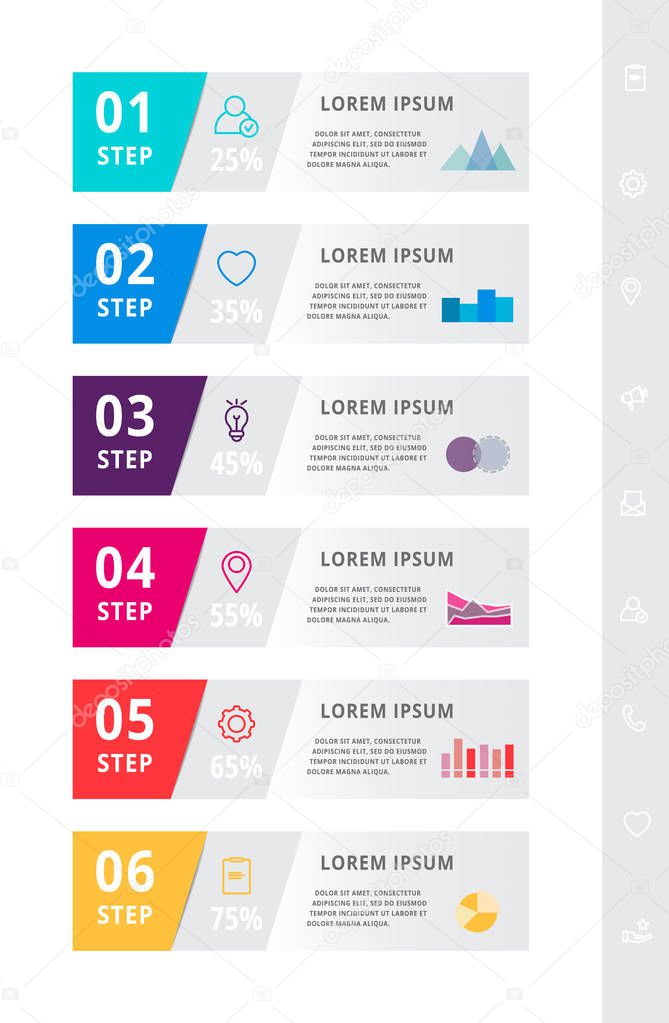 Vector modern infographic flat template label for six diagrams, graph, presentation. Business concept with 6 options, rectangles. Blank space for content, step for step, timeline, workflow, banner