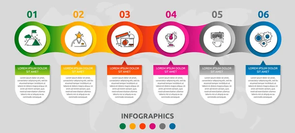 Infográfico vetorial 3D círculos modelo para seis seta, diagrama, gráfico, apresentação. Conceito de negócio com 6 opções. Espaço em branco para conteúdo, passo a passo, linha do tempo, fluxo de trabalho, marketing, web —  Vetores de Stock