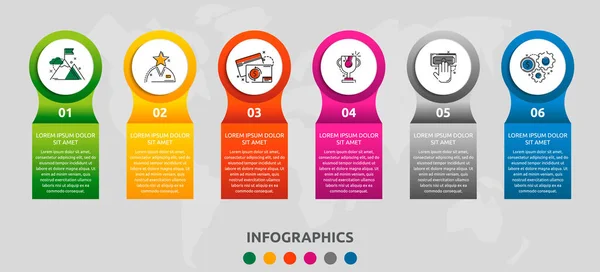 6つのラベル、図、グラフ、プレゼンテーションのベクトルインフォグラフィック3Dテンプレート円。6つのオプションでビジネスコンセプト。コンテンツの空白スペース、ステップ、タイムライン、ワークフロー、マーケティング、ウェブ — ストックベクタ