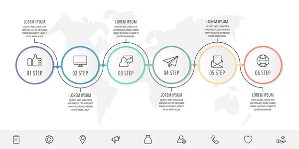 Infografía vectorial moderna círculos de plantilla de línea plana para seis etiquetas, diagrama, gráfico, presentación. Concepto de negocio con 6 opciones y flechas. Para contenido, diagrama de flujo, línea de tiempo, flujo de trabajo, marketing — Vector de stock