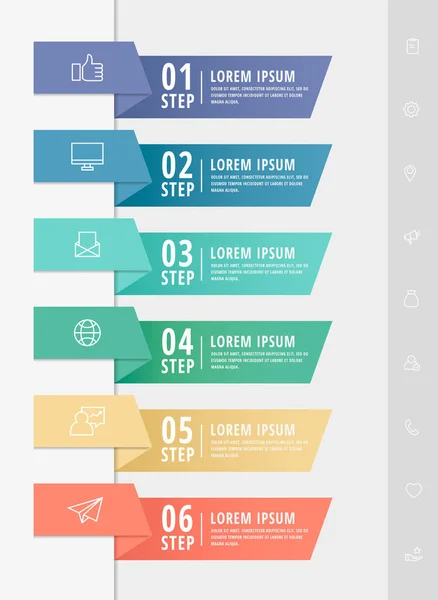 Infográfico vetorial setas modelo plana para seis diagramas, gráfico, apresentação. Conceito de negócio com 6 retângulos. Para conteúdo, fluxograma, passo a passo, cronograma, web, marketing, visualização de dados — Vetor de Stock