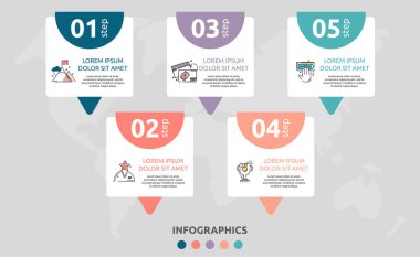 Beş diyagram için vektör bilgili düz şablon ve ok, grafik. 5 etiketli iş konsepti. İçerik, akış şeması, adım adım, zaman çizelgesi, seviyeler, pazarlama, sunum