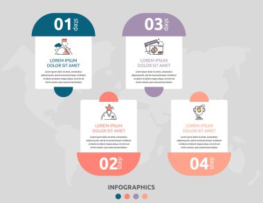 Vektör bilgisel düz şablon. Dört diyagram, grafik, akış şeması, zaman çizelgesi, pazarlama ve sunum için dikdörtgenler. 4 etiketli iş konsepti