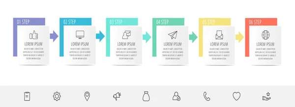 ベクトルインフォグラフィックフラットテンプレート。6つの図、グラフ、フローチャート、タイムライン、マーケティング、プレゼンテーションのための矢印と長方形。ラベル6枚付きのビジネスコンセプト — ストックベクタ