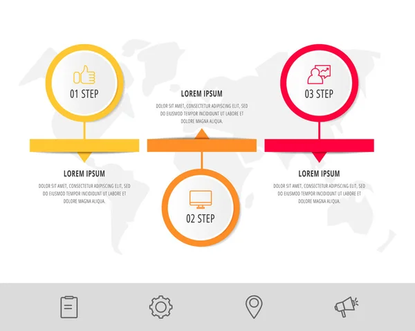 Plantilla plana de infografía vectorial. Círculos con flecha para tres diagramas, gráfico, diagrama de flujo, línea de tiempo, marketing, presentación. Concepto de negocio con 3 etiquetas — Vector de stock