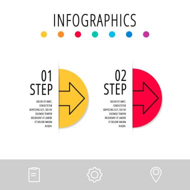 Vektör bilgisel düz şablon. İki diyagram, grafik, akış şeması, zaman çizelgesi, pazarlama ve sunum için yarı daire şeklinde. 2 etiketli iş konsepti