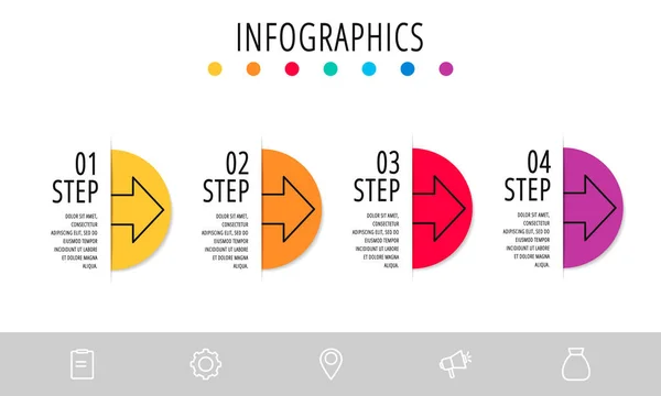 Modèle plat d'infographie vectorielle. Demi-cercle avec flèche pour quatre diagrammes, graphique, diagramme de flux, chronologie, marketing, présentation. Concept d'entreprise avec 4 labels — Image vectorielle