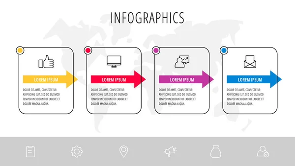 Linienvektor-Infografik flache Vorlage. Rechtecke mit Pfeilen für vier Diagramme, Diagramm, Flussdiagramm, Zeitachse, Marketing, Präsentation. Geschäftskonzept mit 4 Etiketten — Stockvektor