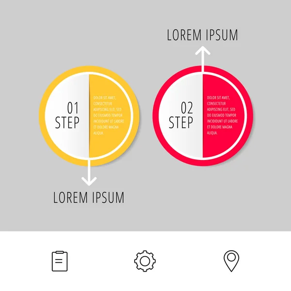 Plantilla plana de infografía vectorial. Círculos con flecha para dos diagramas, gráfico, diagrama de flujo, línea de tiempo, marketing, presentación. Concepto de negocio con 2 etiquetas — Vector de stock