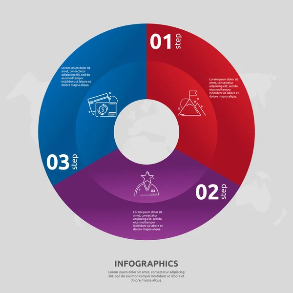 Vektorová plochá šablona kružnice a sektorová infografika. Obchodní koncept se 3 sektory. Tři kroky pro obsah, vývojový diagram, časová osa, úrovně, marketing, prezentace, graf, diagramy, prezentace — Stockový vektor