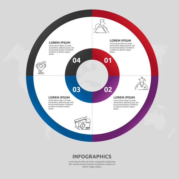 Векторный плоский шаблон круга и секторной инфографики. Бизнес-концепция с 4 секторами. Четыре шага для контента, flowchart, timeline, levels, marketing, presentation, graph, frams, slideshow — стоковый вектор