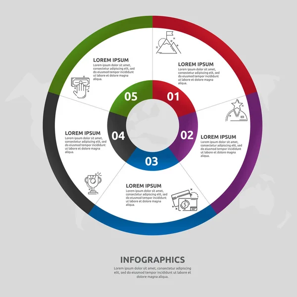 Векторный плоский шаблон круга и секторной инфографики. Бизнес-концепция с 5 секторами. Пять шагов для контента, flowchart, timeline, levels, marketing, presentation, graph, frams, slideshow — стоковый вектор