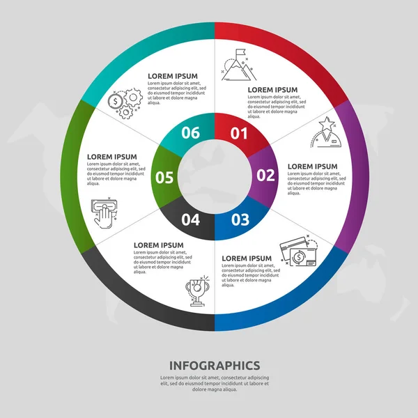 Vektorová plochá šablona kružnice a sektorová infografika. Obchodní koncept se 6 sektory. Šest kroků pro obsah, vývojový diagram, časová osa, úrovně, marketing, prezentace, graf, diagramy, prezentace — Stockový vektor