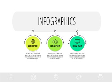 3 basamaklı, parçalı, simgeli bilgi grafikleri. Düz vektör şablonu. Diyagram, iş dünyası, web, banner, iş akışı düzeni, sunumlar, akış şeması, bilgi grafiği, zaman çizelgesi, seviyeler için kullanılabilir.