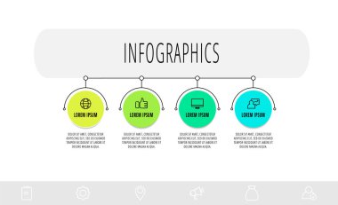 4 adımlı bilgi çemberleri, etiketler. Çizgi vektör şablonu. Diyagram, iş, iş akışı düzeni, sunumlar, akış şeması, bilgi grafiği, zaman çizelgesi, içerik, seviyeler için kullanılabilir.